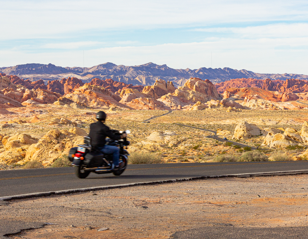 motorcyclist driving through the Valley of Fire in Nevada
